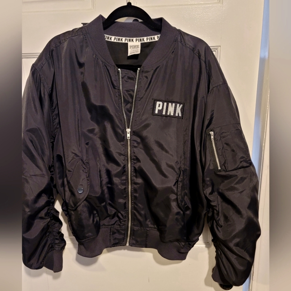 Rare Victoria Secret PINK Black Holographic Bomber Jacket